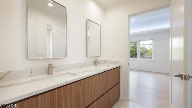 bathroom featuring double vanity, wood finished floors, and baseboards