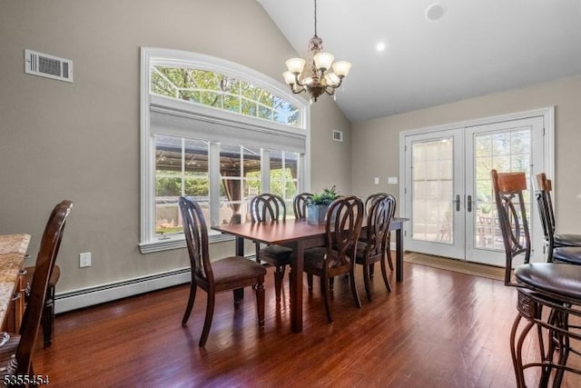 dining area featuring visible vents, a healthy amount of sunlight, french doors, a baseboard radiator, and dark wood finished floors