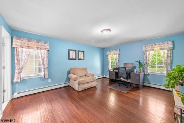 office featuring wood finished floors and baseboard heating