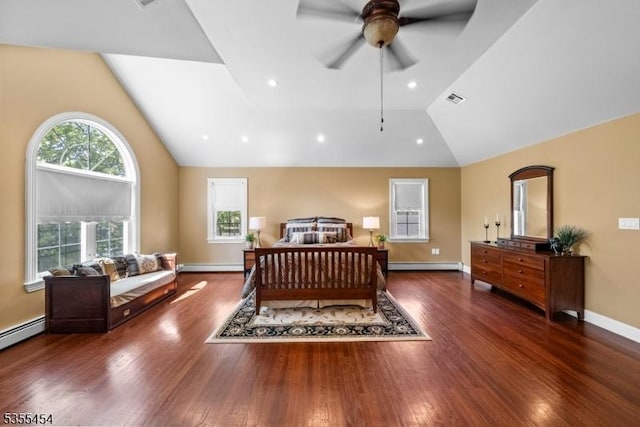 bedroom featuring high vaulted ceiling, wood finished floors, and a baseboard radiator
