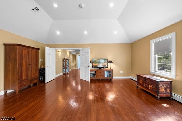 living room with visible vents, baseboards, wood finished floors, a baseboard radiator, and vaulted ceiling