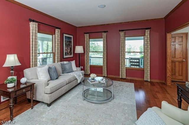 living area with baseboards, hardwood / wood-style floors, and ornamental molding