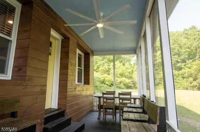 14 Luchetti Way, Andover Twp, NJ 07860 - sunroom / solarium with entry steps, a ceiling fan, and wood walls