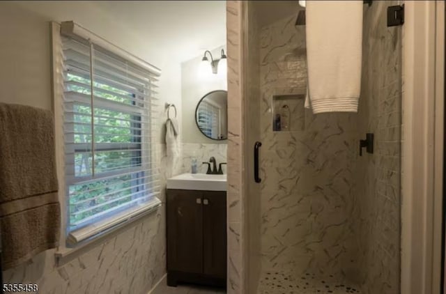 14 Luchetti Way, Andover Twp, NJ 07860 - full bath featuring vanity, a marble finish shower, and a healthy amount of sunlight