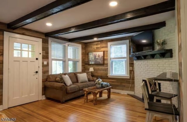 14 Luchetti Way, Andover Twp, NJ 07860 - living room featuring wooden walls, beam ceiling, recessed lighting, and light wood-style flooring