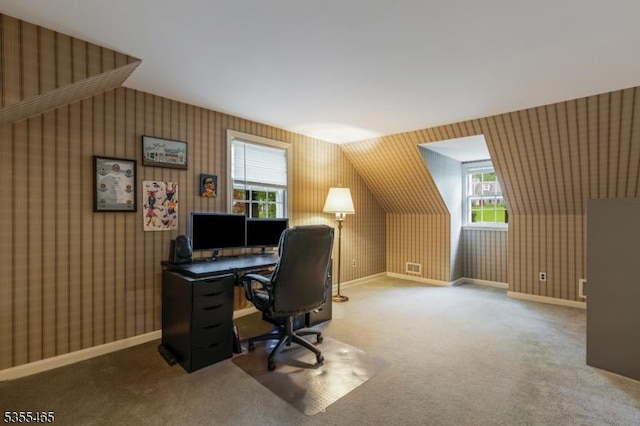 1178 Delaware Dr, Bridgewater Twp, NJ 08807 - carpeted office featuring lofted ceiling, wallpapered walls, and baseboards