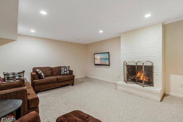 1178 Delaware Dr, Bridgewater Twp, NJ 08807 - carpeted living area featuring recessed lighting, baseboards, and a brick fireplace