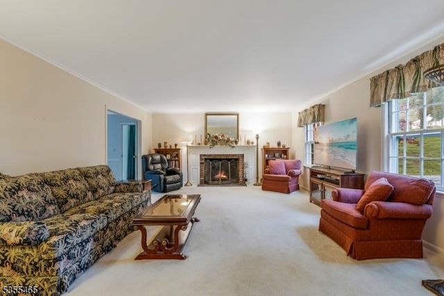 1178 Delaware Dr, Bridgewater Twp, NJ 08807 - living area with crown molding, carpet, and a brick fireplace