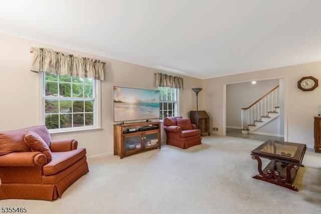 1178 Delaware Dr, Bridgewater Twp, NJ 08807 - living area with carpet floors, plenty of natural light, stairs, and baseboards