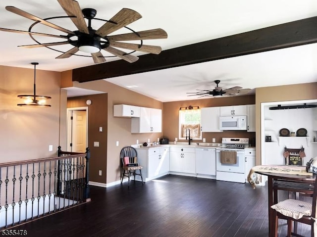 1 Lenape Ln, Harmony Twp, NJ 08865 - living room featuring ceiling fan, beam ceiling, dark wood finished floors, and baseboards