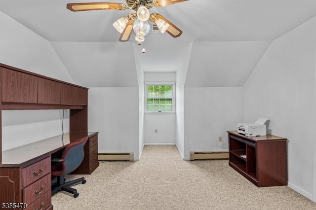 office with a baseboard heating unit, ceiling fan, vaulted ceiling, light colored carpet, and baseboards