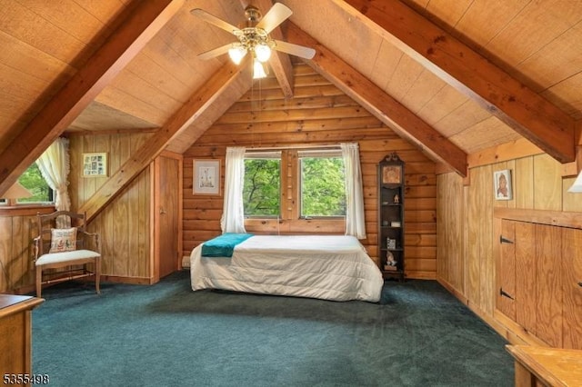 bedroom with multiple windows, wooden walls, carpet floors, and wooden ceiling