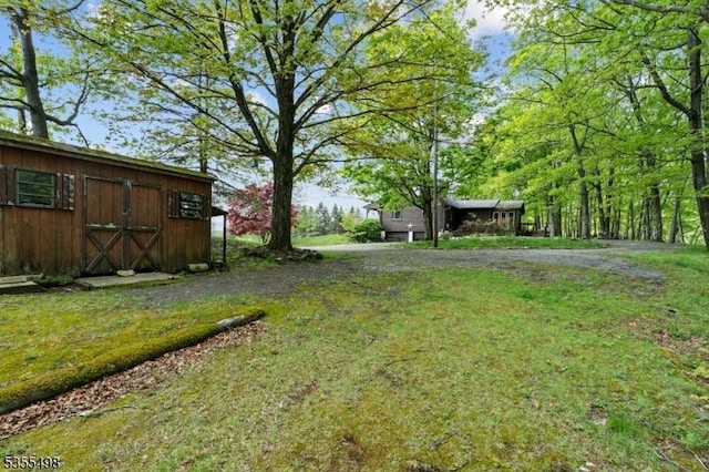 view of grassy yard with an outdoor structure and dirt driveway
