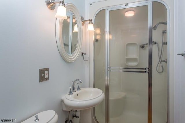 full bathroom featuring toilet, a shower stall, and a sink