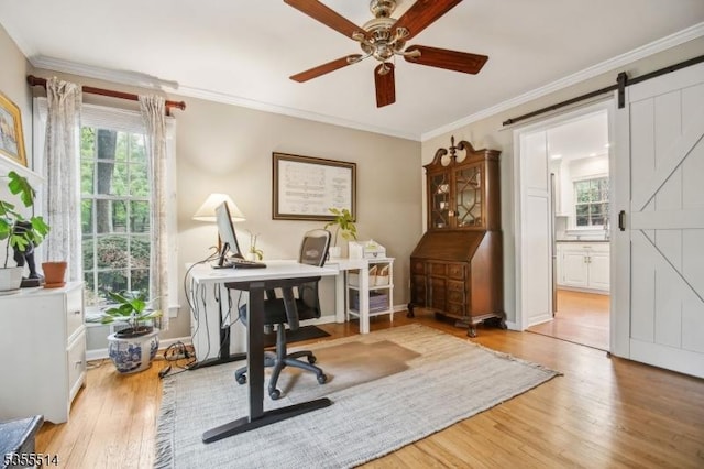 office space featuring wood finished floors, ceiling fan, crown molding, a barn door, and baseboards