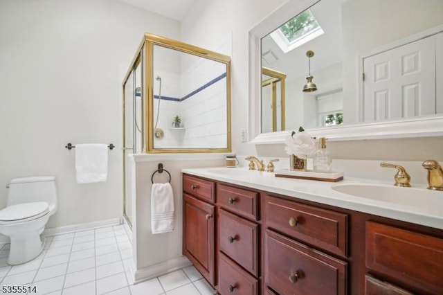 full bathroom with a skylight, a stall shower, double vanity, and tile patterned flooring