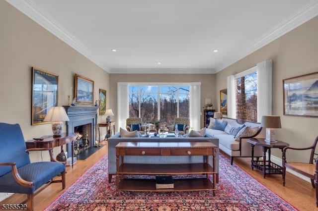 living area with crown molding, a fireplace with flush hearth, wood finished floors, and a wealth of natural light