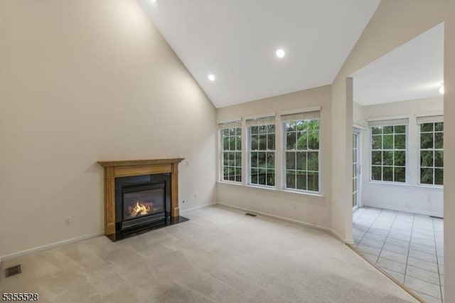 9 Apgar Ct, Raritan Twp, NJ 08822 - unfurnished living room with lofted ceiling, carpet floors, a fireplace with flush hearth, plenty of natural light, and baseboards