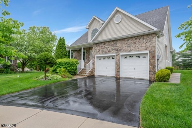 9 Apgar Ct, Raritan Twp, NJ 08822 - traditional home with stone siding, a garage, asphalt driveway, a front yard, and a shingled roof