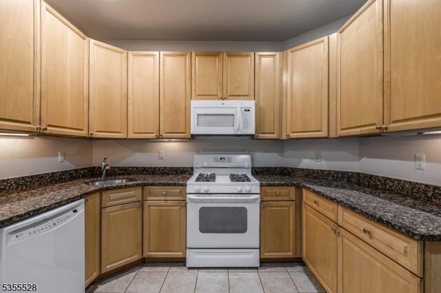 9 Apgar Ct, Raritan Twp, NJ 08822 - kitchen featuring white appliances, a sink, light tile patterned flooring, and dark stone counters