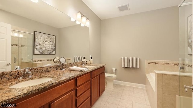 7104 Minuteman Ln, Franklin Twp, NJ 08873 - bathroom featuring a shower stall, a garden tub, tile patterned floors, double vanity, and baseboards