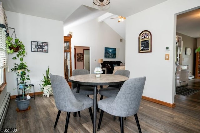 dining area with wood finished floors, baseboards, a ceiling fan, and a baseboard radiator