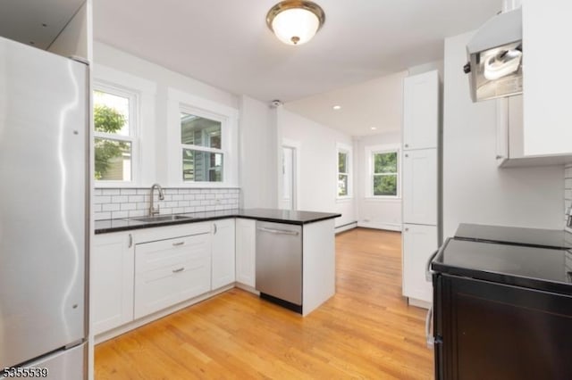 kitchen featuring appliances with stainless steel finishes, a sink, tasteful backsplash, a peninsula, and white cabinets
