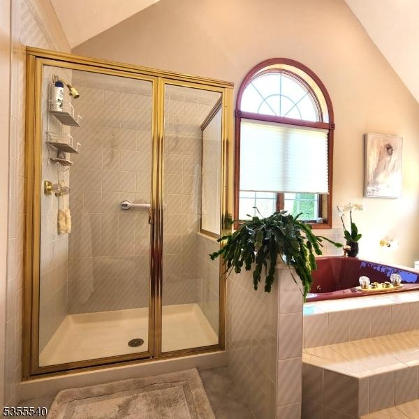 202 Fredon Springdale Rd, Fredon Twp, NJ 07860 - full bath featuring lofted ceiling, tile patterned floors, a garden tub, and a shower stall