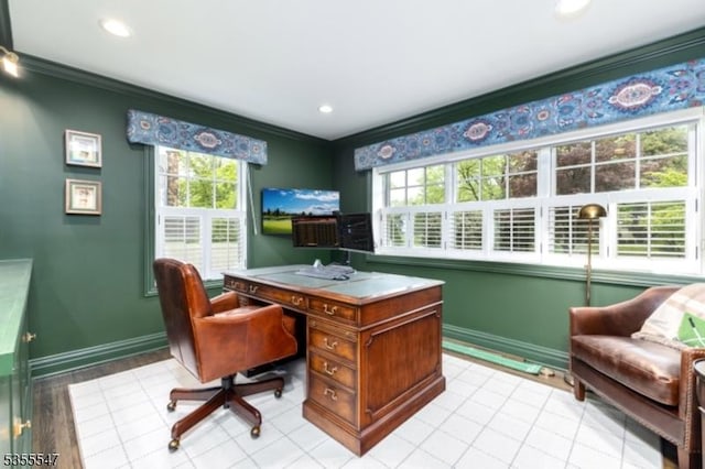 9 Warwick Rd, Chatham Twp, NJ 07928 - office area with crown molding, baseboards, plenty of natural light, and recessed lighting