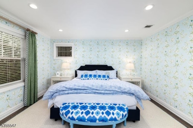 9 Warwick Rd, Chatham Twp, NJ 07928 - bedroom featuring ornamental molding, baseboards, wallpapered walls, and recessed lighting
