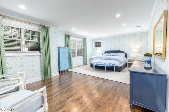 9 Warwick Rd, Chatham Twp, NJ 07928 - bedroom with wallpapered walls, ornamental molding, wood finished floors, baseboards, and recessed lighting