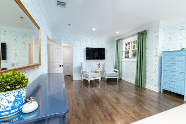 9 Warwick Rd, Chatham Twp, NJ 07928 - living area with wallpapered walls, crown molding, wood finished floors, and baseboards