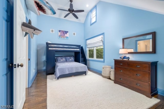 9 Warwick Rd, Chatham Twp, NJ 07928 - bedroom with wood finished floors, baseboards, high vaulted ceiling, and ceiling fan