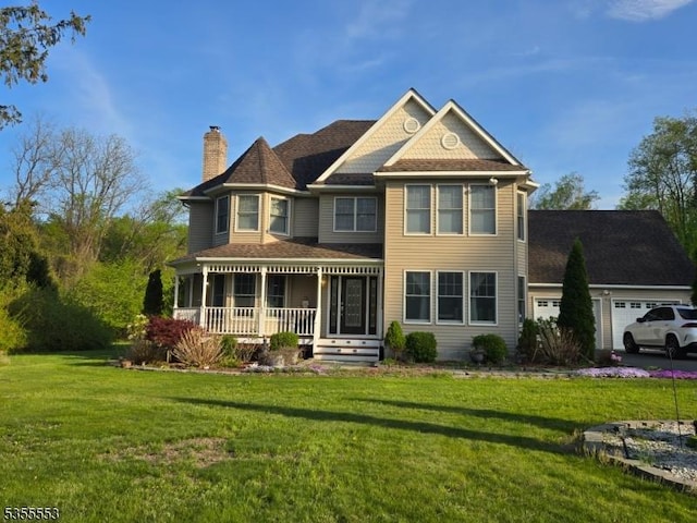 133 River Rd, Montague Twp, NJ 07827 - victorian-style house featuring a porch, a chimney, a front yard, and a garage
