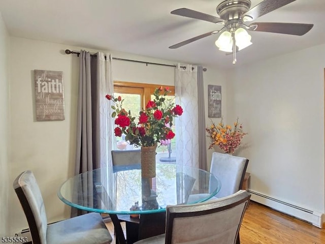 133 River Rd, Montague Twp, NJ 07827 - dining area with baseboard heating, a ceiling fan, and light wood-type flooring