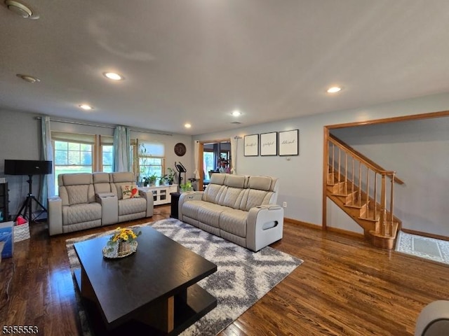 133 River Rd, Montague Twp, NJ 07827 - living area with wood finished floors, stairs, recessed lighting, and baseboards