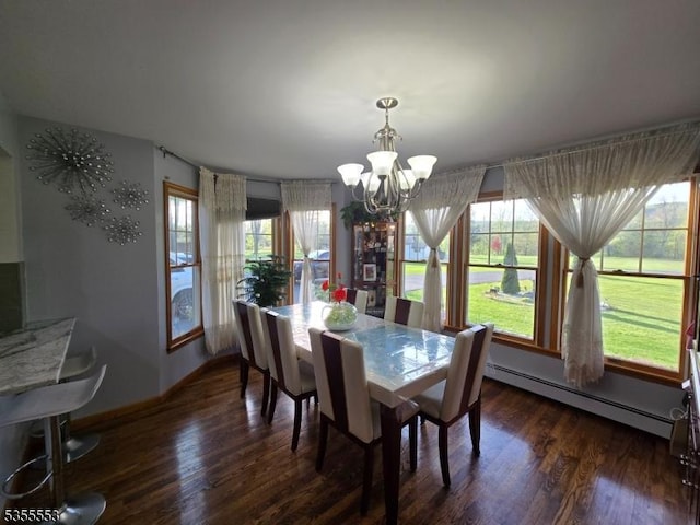 133 River Rd, Montague Twp, NJ 07827 - dining space featuring baseboard heating, a chandelier, and dark wood-style flooring