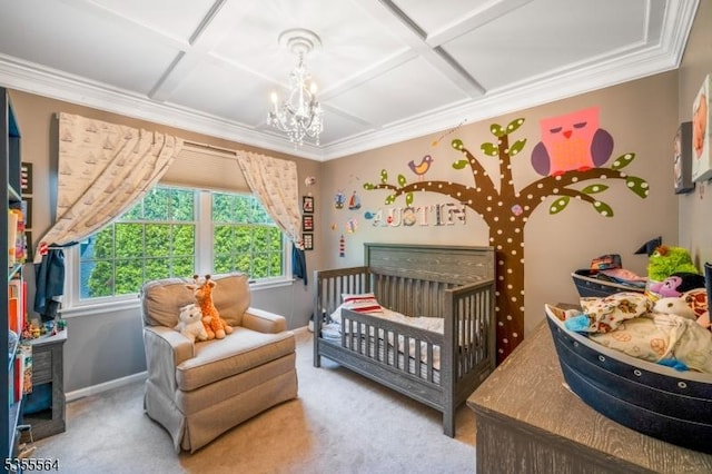 bedroom with coffered ceiling, carpet, baseboards, a chandelier, and crown molding