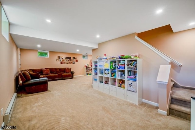 game room with carpet flooring, a baseboard heating unit, recessed lighting, and baseboards