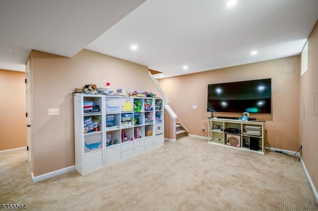 game room featuring carpet floors, baseboards, and recessed lighting