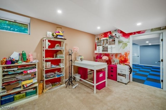 playroom with carpet and recessed lighting