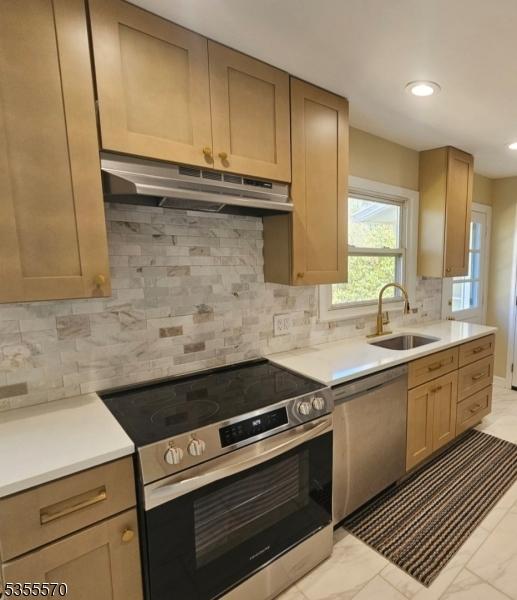 kitchen featuring appliances with stainless steel finishes, under cabinet range hood, a sink, light countertops, and recessed lighting