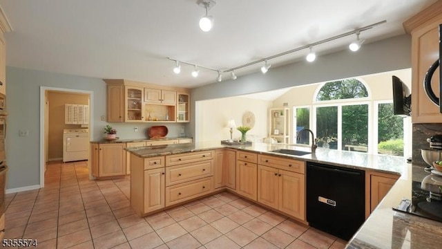 10 Stacy Dr, Montgomery Twp, NJ 08502 - kitchen with black appliances, a sink, light brown cabinets, washer / clothes dryer, and light tile patterned floors