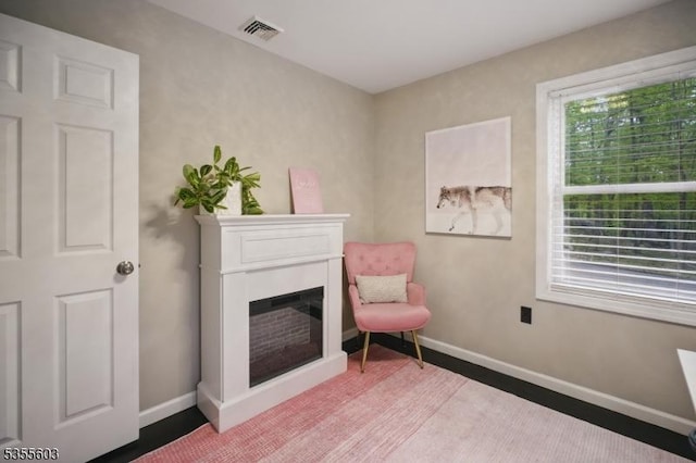 sitting room with baseboards, wood finished floors, and a fireplace