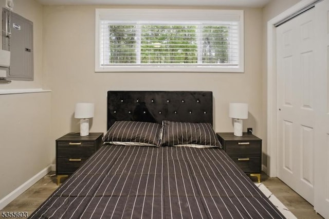 bedroom featuring multiple windows, wood finished floors, and electric panel