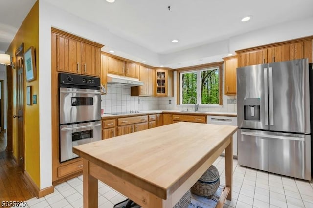 kitchen with appliances with stainless steel finishes, under cabinet range hood, a sink, light countertops, and decorative backsplash