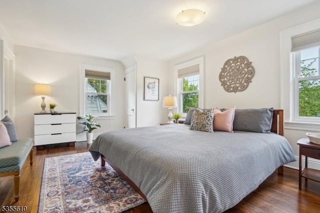 bedroom featuring multiple windows and wood finished floors