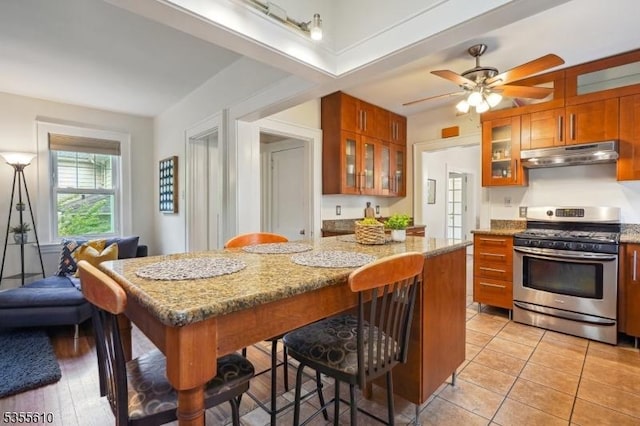 kitchen featuring gas range, under cabinet range hood, a breakfast bar area, glass insert cabinets, and light stone counters