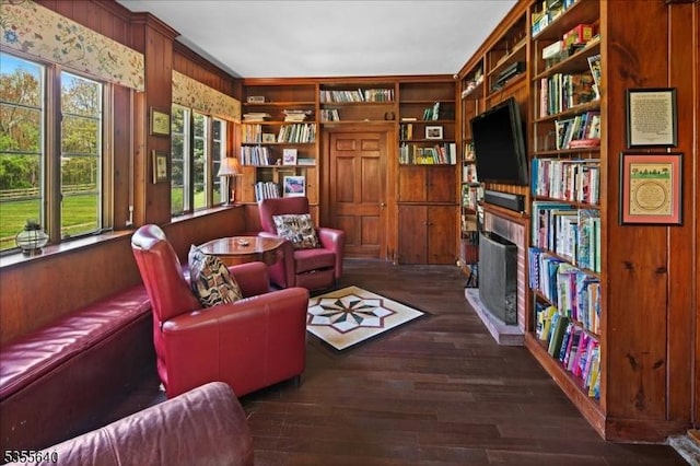 1330 Great Rd, Montgomery Twp, NJ 08540 - sitting room with a fireplace, wood finished floors, wooden walls, and built in features