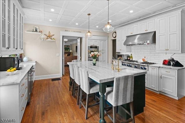 1330 Great Rd, Montgomery Twp, NJ 08540 - kitchen featuring under cabinet range hood, appliances with stainless steel finishes, decorative backsplash, dark wood-style floors, and recessed lighting